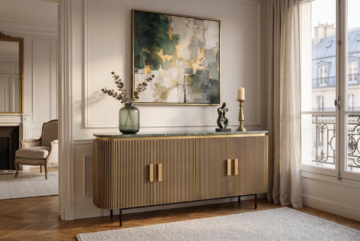 Sideboard VENEZIANO 160cm Mangoholz und Marmorplatte grün Messing