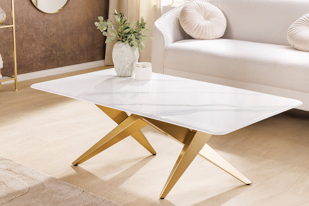 Couchtisch ART LIVING 130cm Keramikplatte aus weißem Marmor mit champagnergoldenem Rahmen