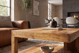 Coffee table GIANT L 80x80cm w/ open storage shelf sheesham wood natural stone finish
