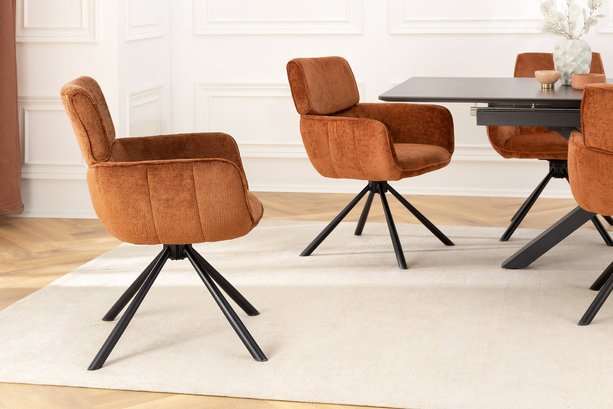 Swivel chair UNIQUE 180° w/ armrests chenille fabric rust brown and black legs