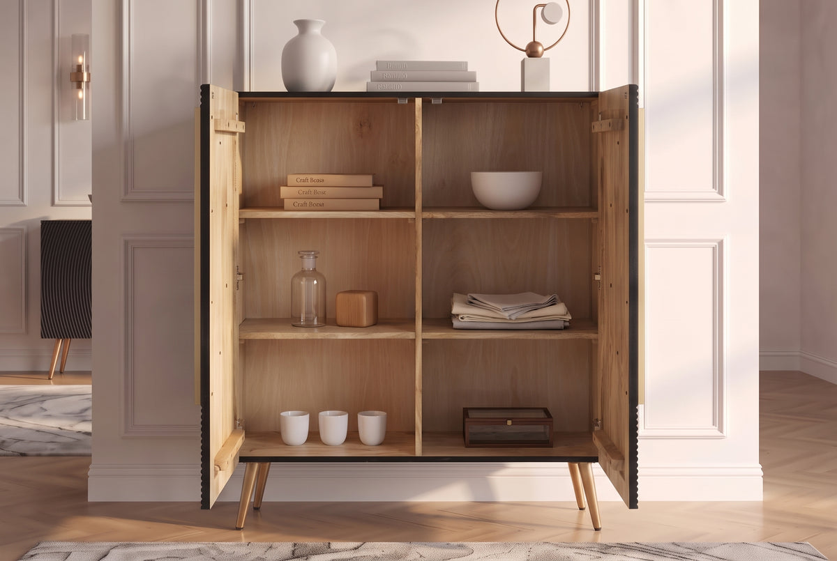 Highboard AURUM 120cm textured front gold circle accent mango wood black gold metal feet