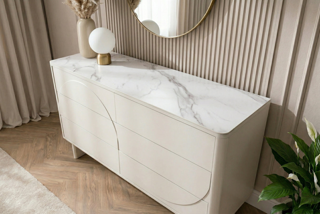 Sideboard SAVOY 150 cm 3D weiß mit weißer Marmorkeramikplatte