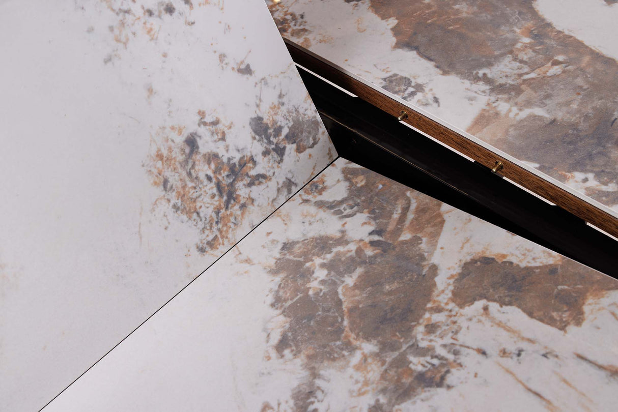 Dining table UNIQUE 160-200cm extendable walnut wood look ceramic top natural stone look