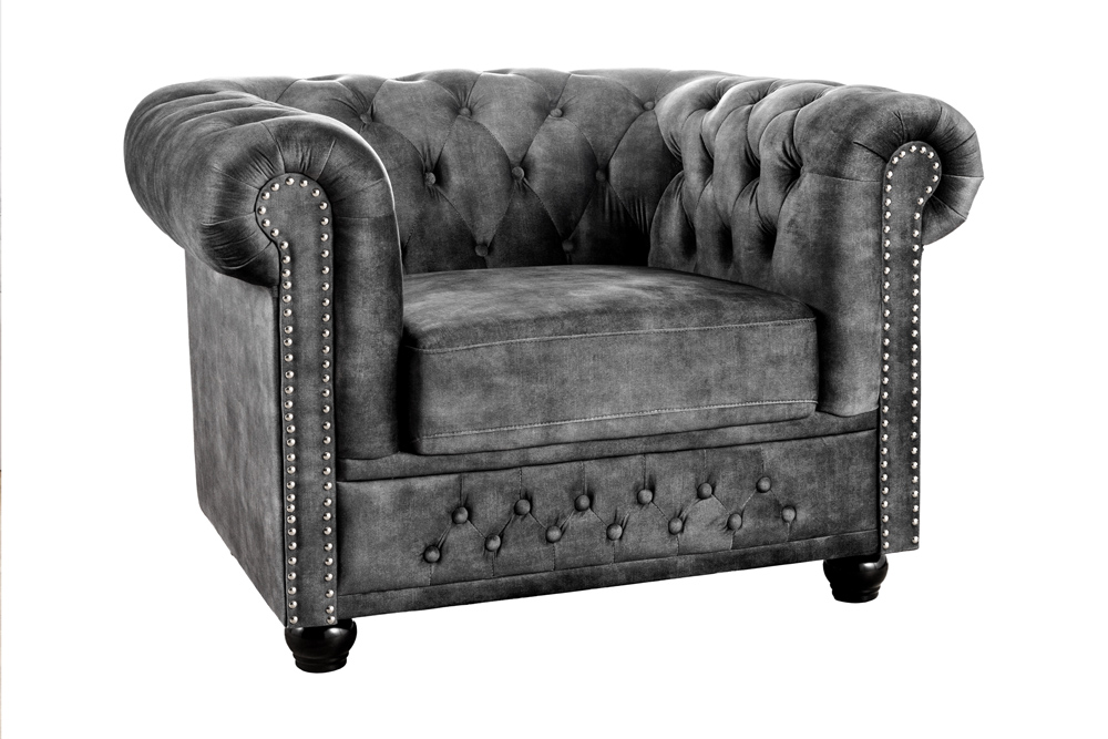 Armchair CHESTERFIELD velvet antique look grey