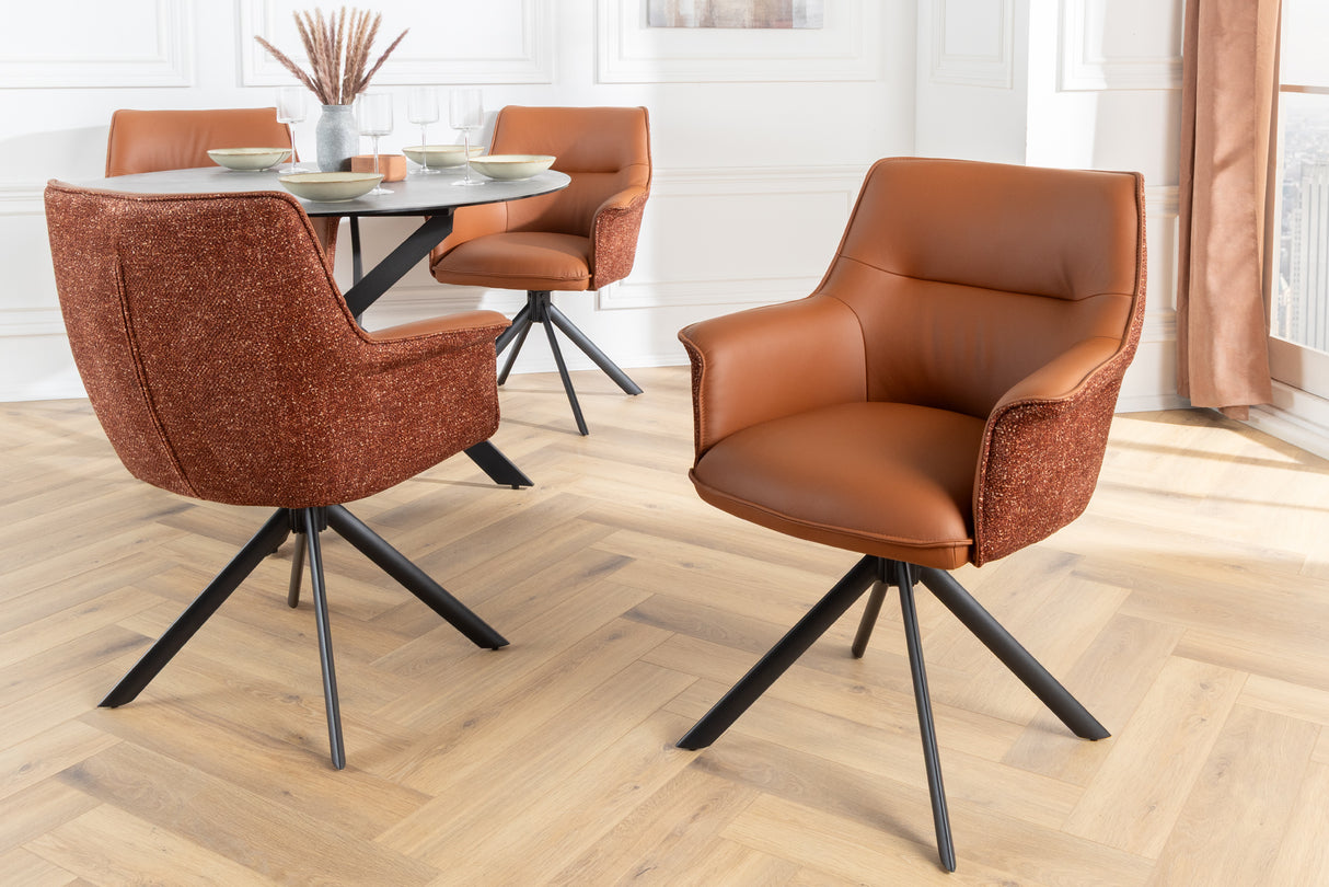 Swivel chair LE GRAND rotatable 180° w/ armrests textured cloth and leather cognac brown