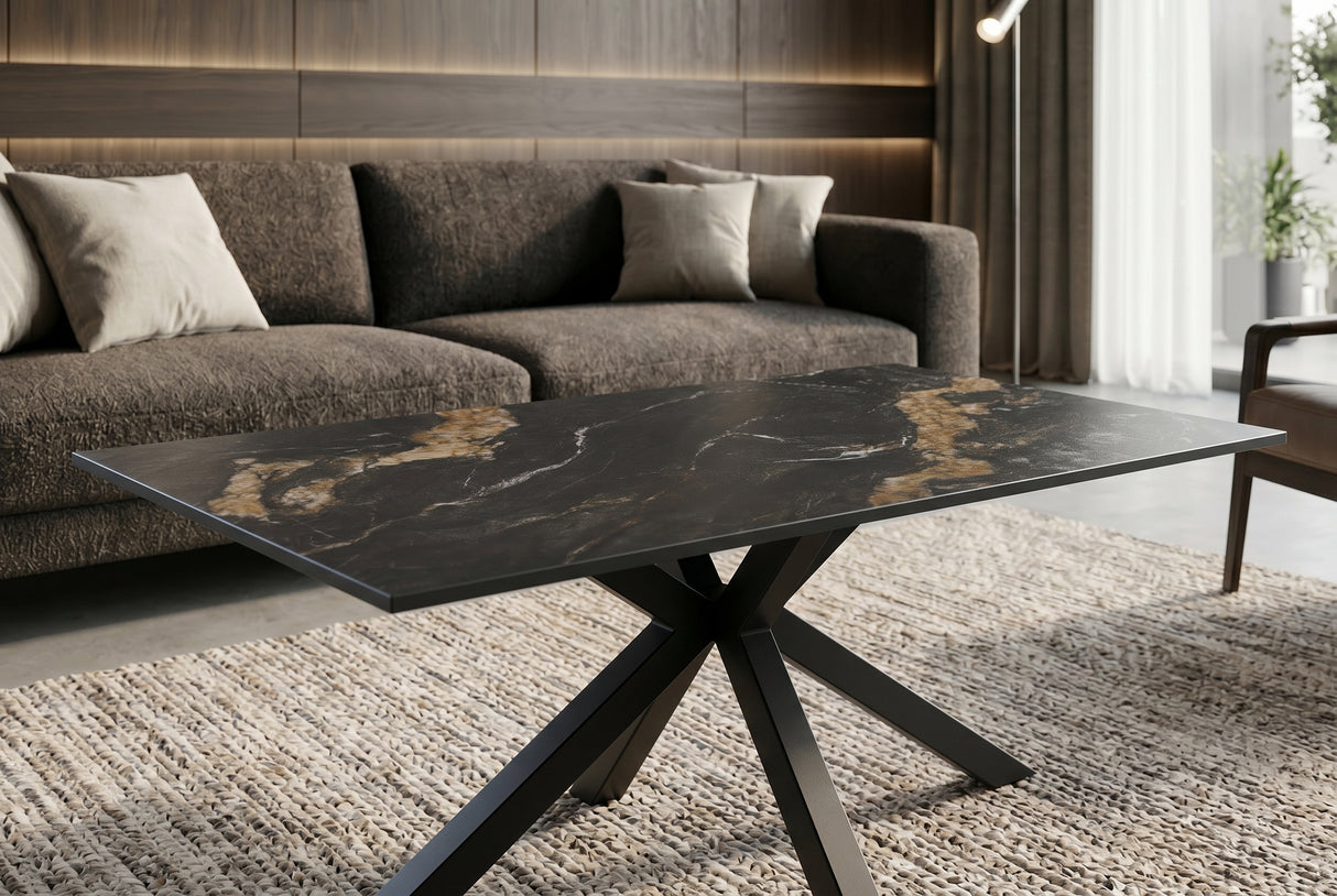 Coffee table GALAXIE 100cm w/ star frame ceramic black gold sand