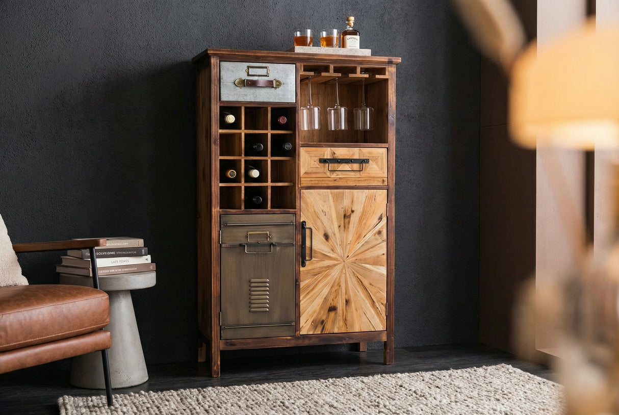 Bar cabinet ATELIER 120cm pine wood vintage brown