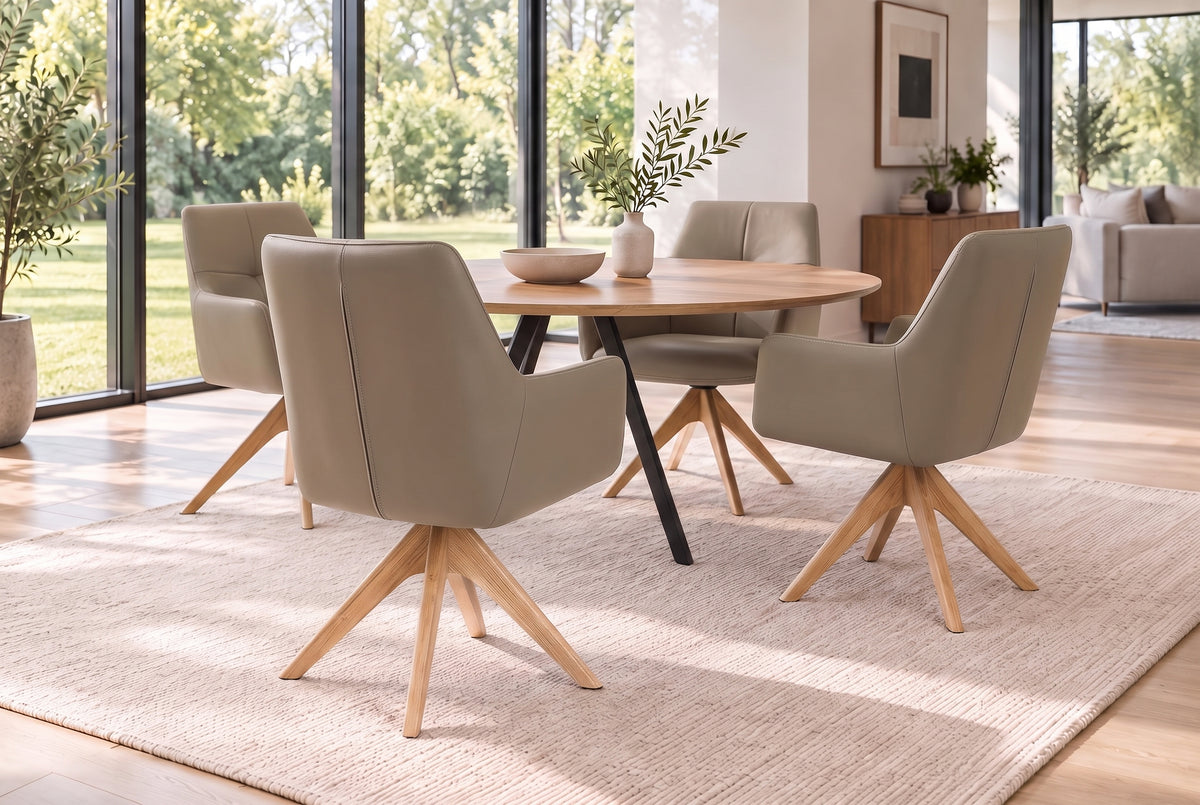 Swivel chair ALMARA 360° auto-return w/ armrests pocket spring core leather taupe oak wood frame