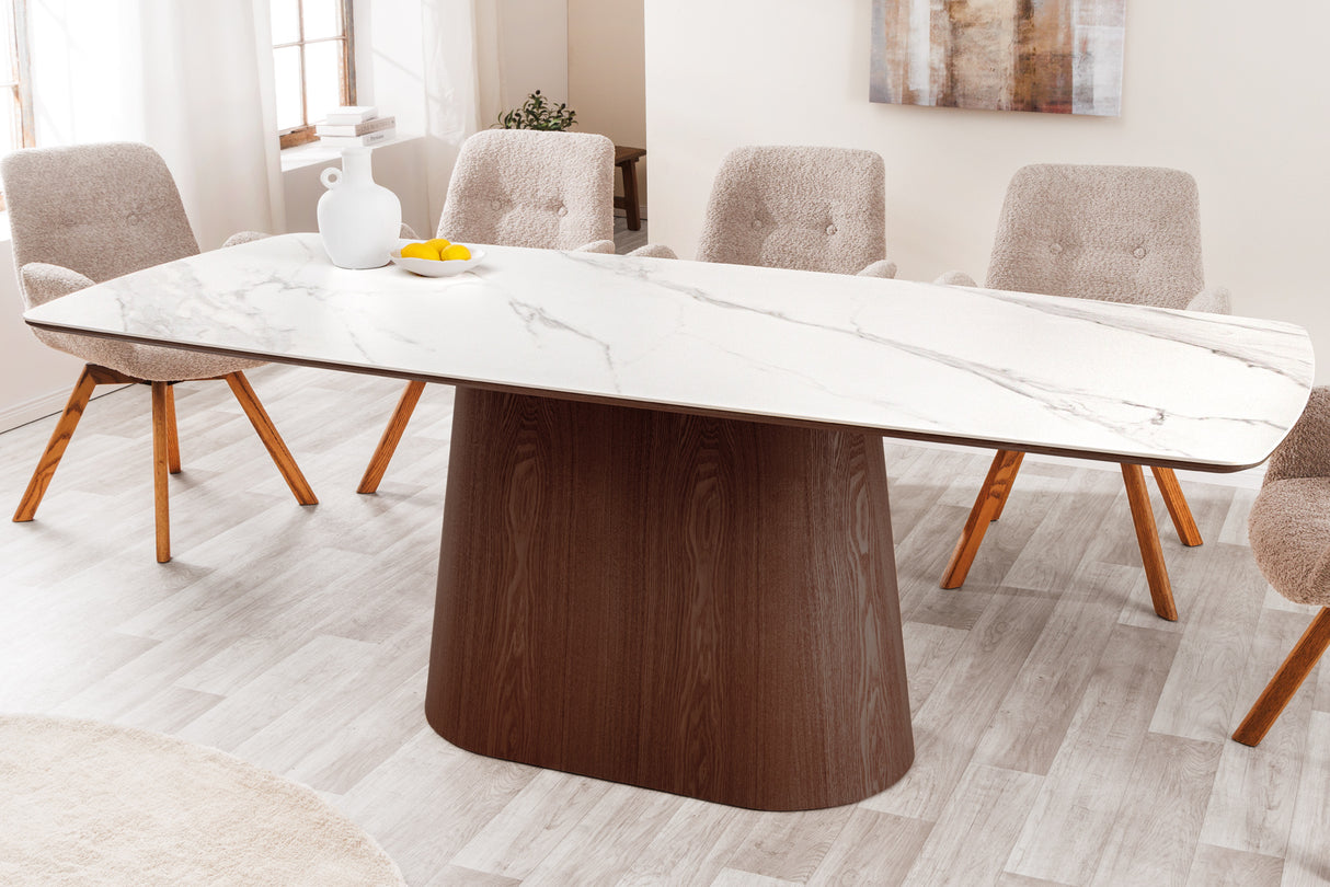 Dining table UNIQUE 200cm frame dark walnut wood veneered ceramic white marble top