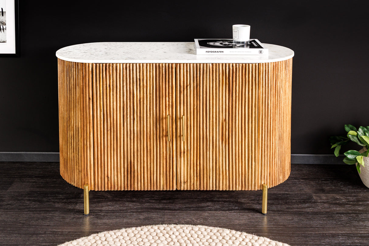 Sideboard TRES CHIC 105cm Mangoholz natur mit weißer Marmorplatte und goldenen Griffen
