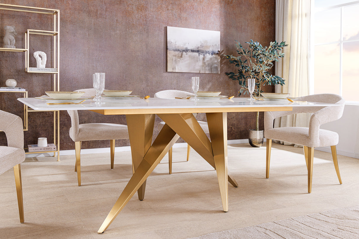 Esstisch ART LIVING 200cm Keramikplatte aus weißem Marmor mit champagnergoldenem Rahmen