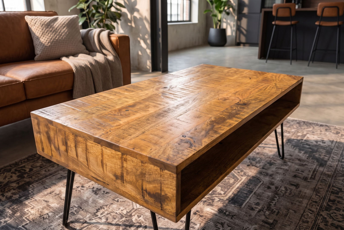 Couchtisch SCORPION 100 cm mit offenen Staufächern Mangoholz natur Haarnadelbeine