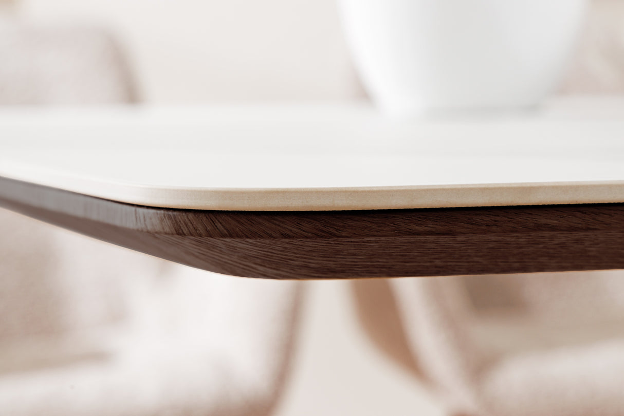 Dining table UNIQUE 200cm frame dark walnut wood veneered ceramic white marble top