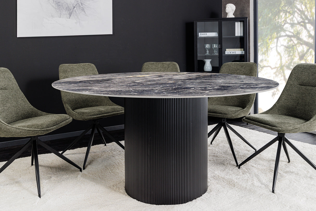 Dining table UNIQUE 120cm round dark frame ceramic grey marble top