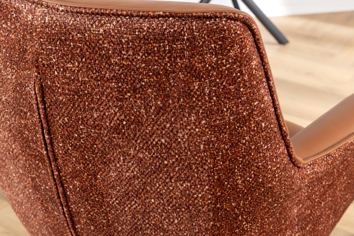Swivel chair LE GRAND rotatable 180° w/ armrests textured cloth and leather cognac brown