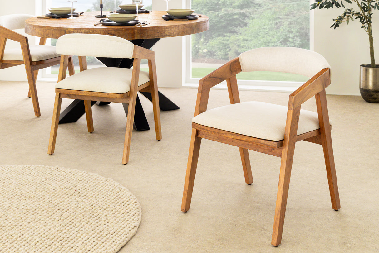 Stuhl MAMMUT, Akazienholz, natur honigfarben, mit flachem, hellgrauem Stoffbezug