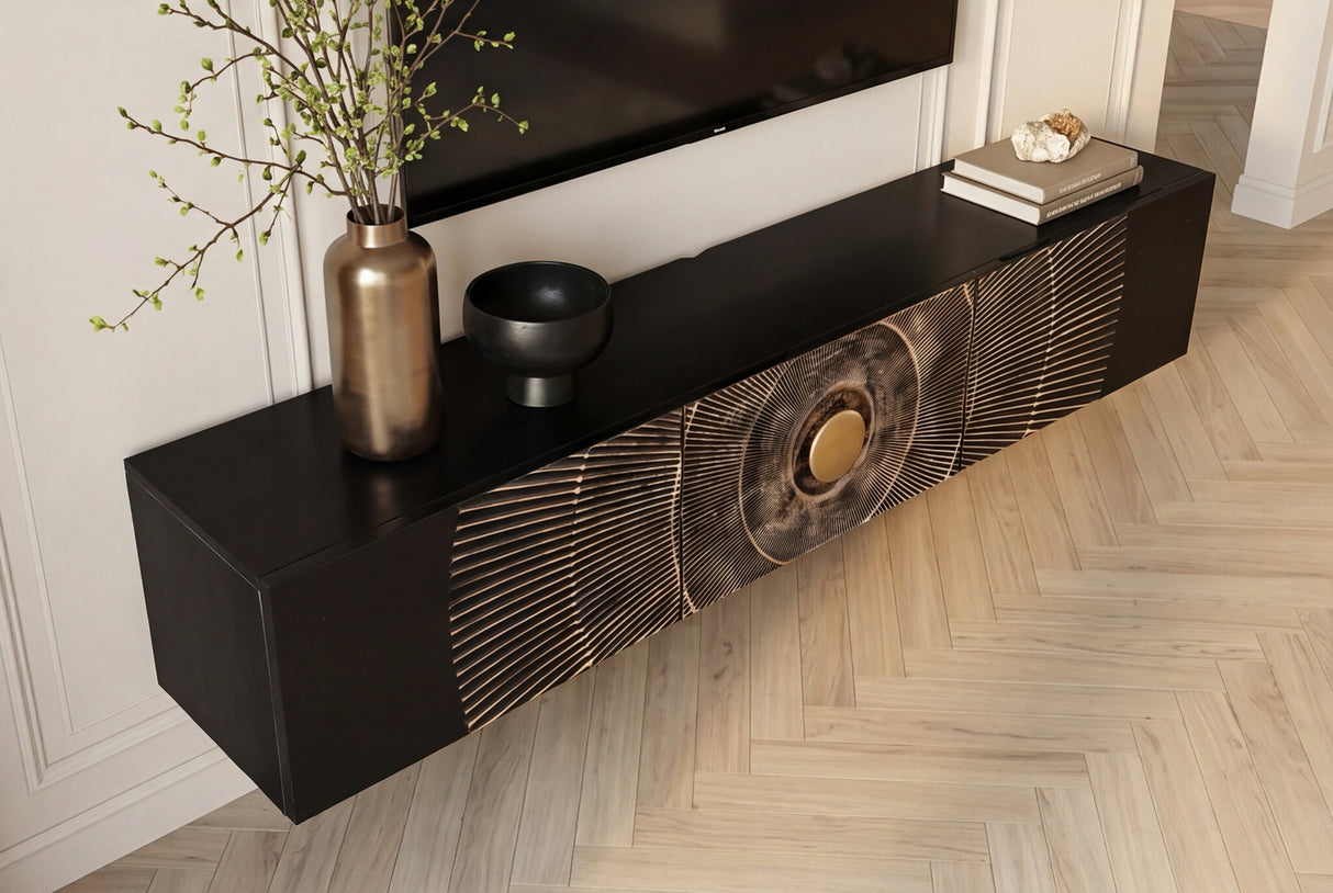 TV-Board GOLDEN SUNSET 160cm 3D hängend Mangoholz schwarz