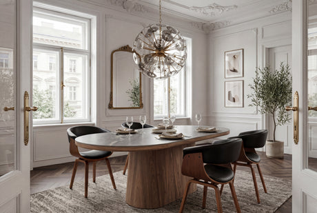 Dining table UNIQUE 200cm oval frame walnut wood verneered ceramic grey marble top