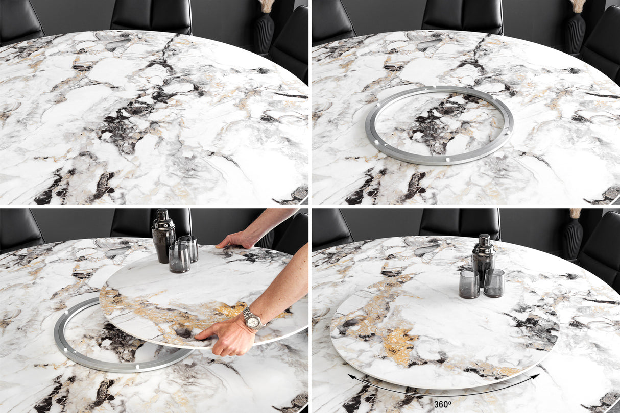 Dining table SPIN Ø 150cm rotatable with removable platter ceramic marble look white multicoloured