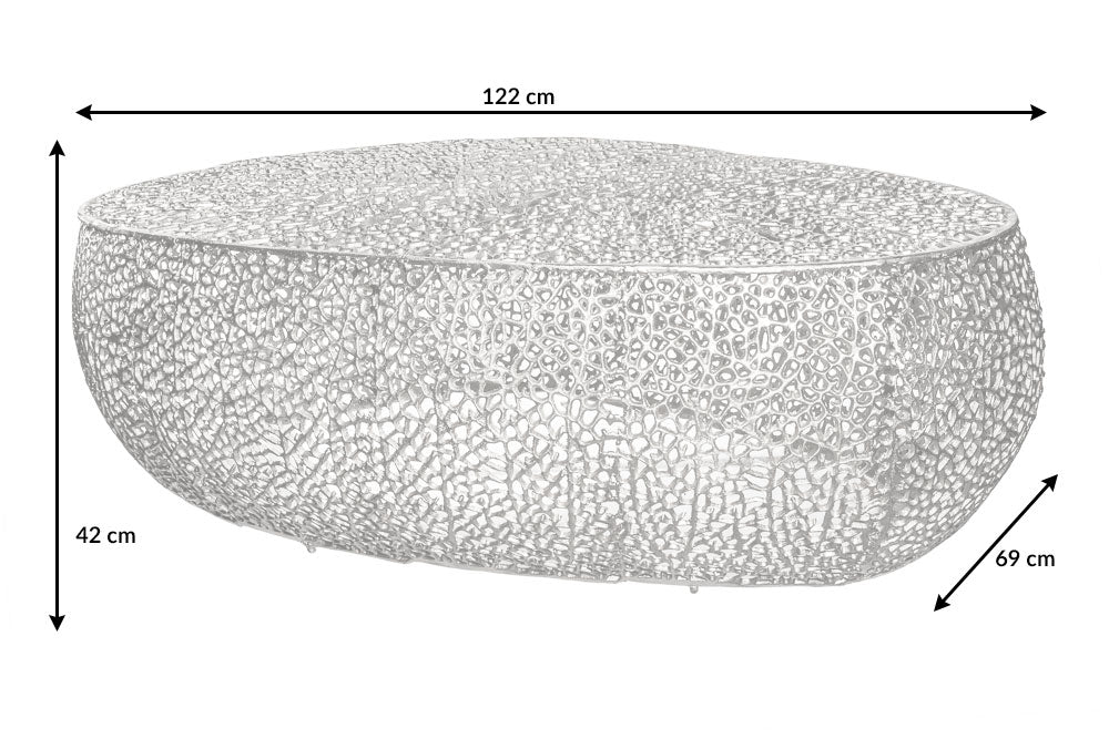 Coffee table LEAF 122cm metal silver handmade