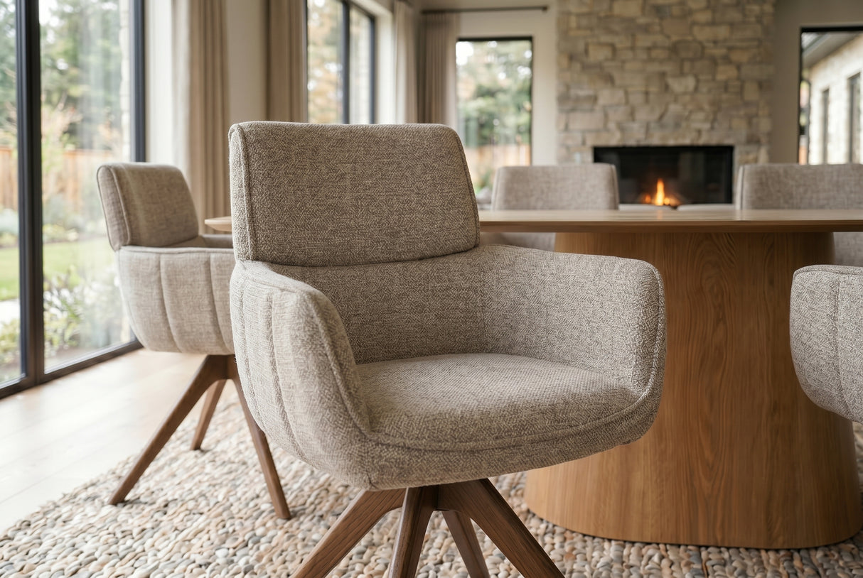Swivel chair UNIQUE 180° auto-return w/ armrests textured fabric taupe beige brown