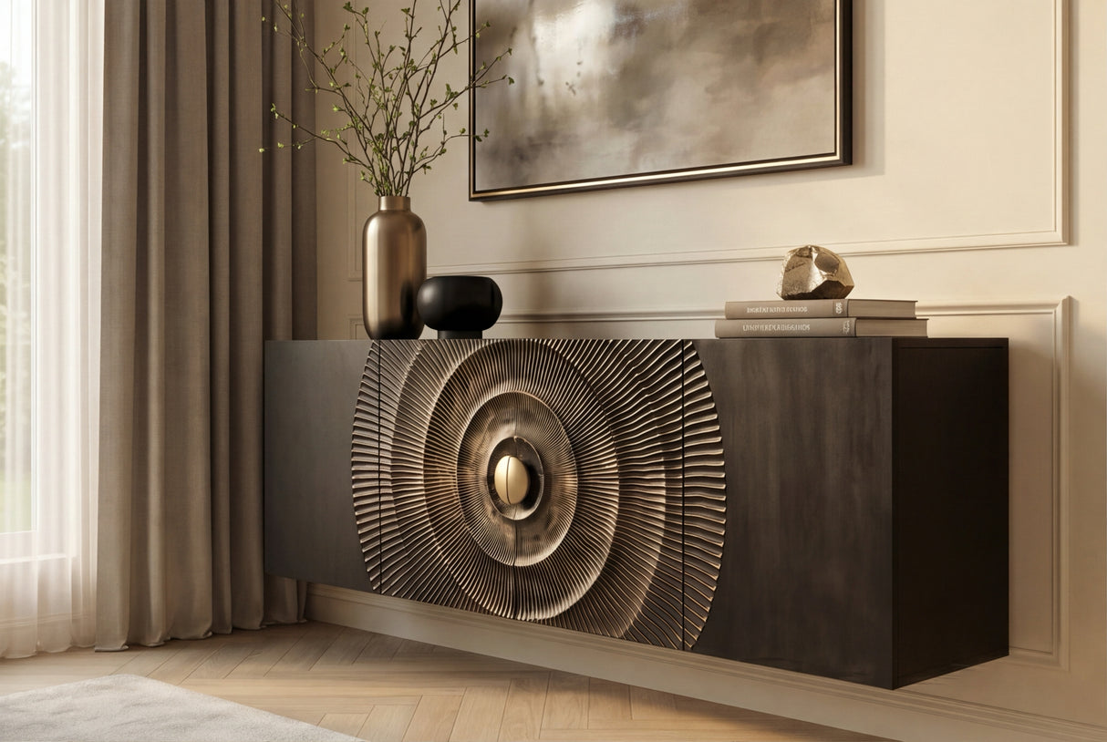 Sideboard GOLDEN SUNSET 180cm 3D hanging mango wood black