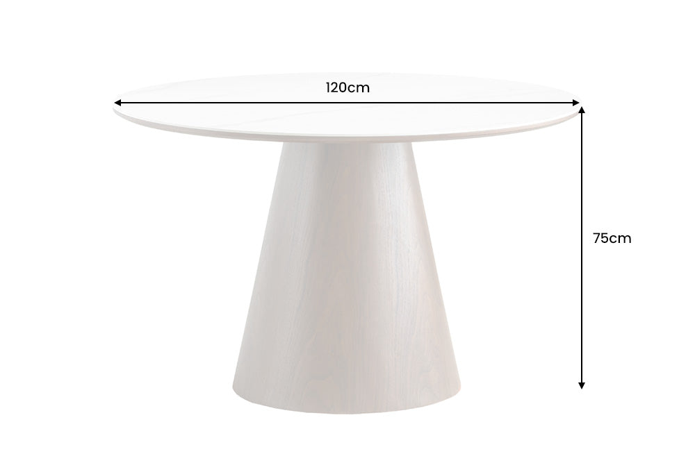 Dining table UNIQUE 120cm round walnut wood verneered ceramic white marble top
