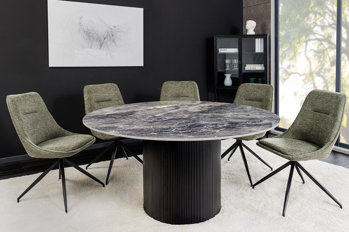 Dining table UNIQUE 120cm round dark frame ceramic grey marble top