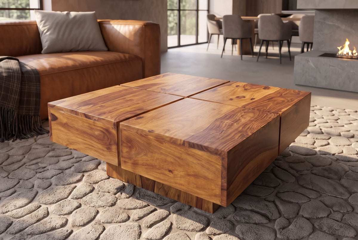 Coffee table BOLT 70cm square pedestal base sheesham wood brown stone finish
