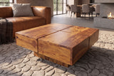 Coffee table BOLT 70cm square pedestal base sheesham wood brown stone finish