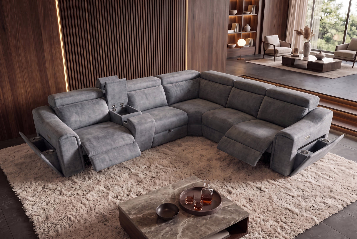 Corner sofa PRIME multifunctional electrically adjustable w/ storage space vogue velvet grey