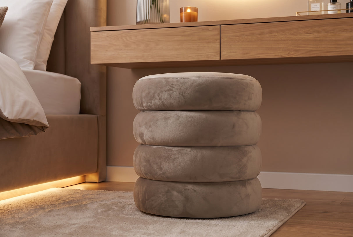 Stool VOGUE 40cm round upholstered w/ storage space velvet champagne greige
