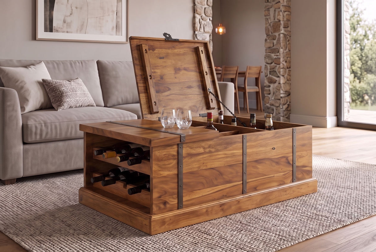 Coffee table BODEGA 100cm w/ wine shelf and storage space sheesham wood brown