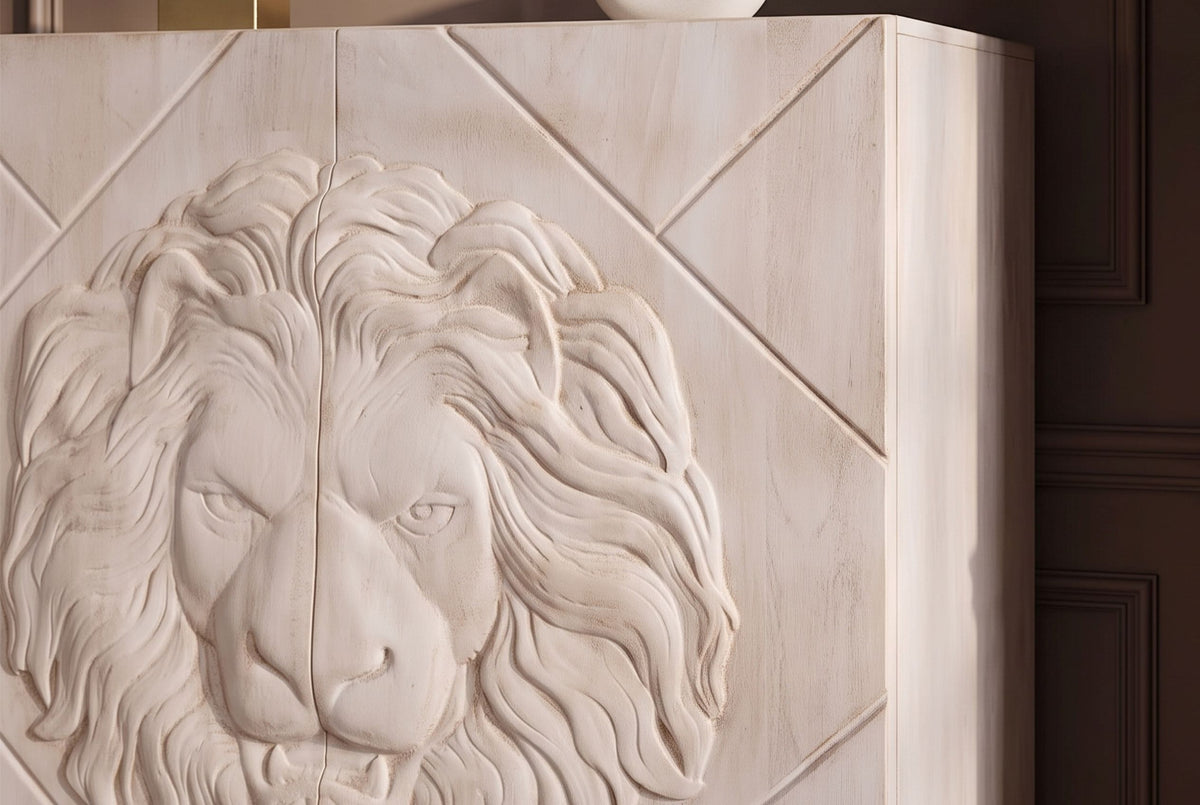 Highboard LION 120cm 3D lion front mango wood creamy w/ black metal frame