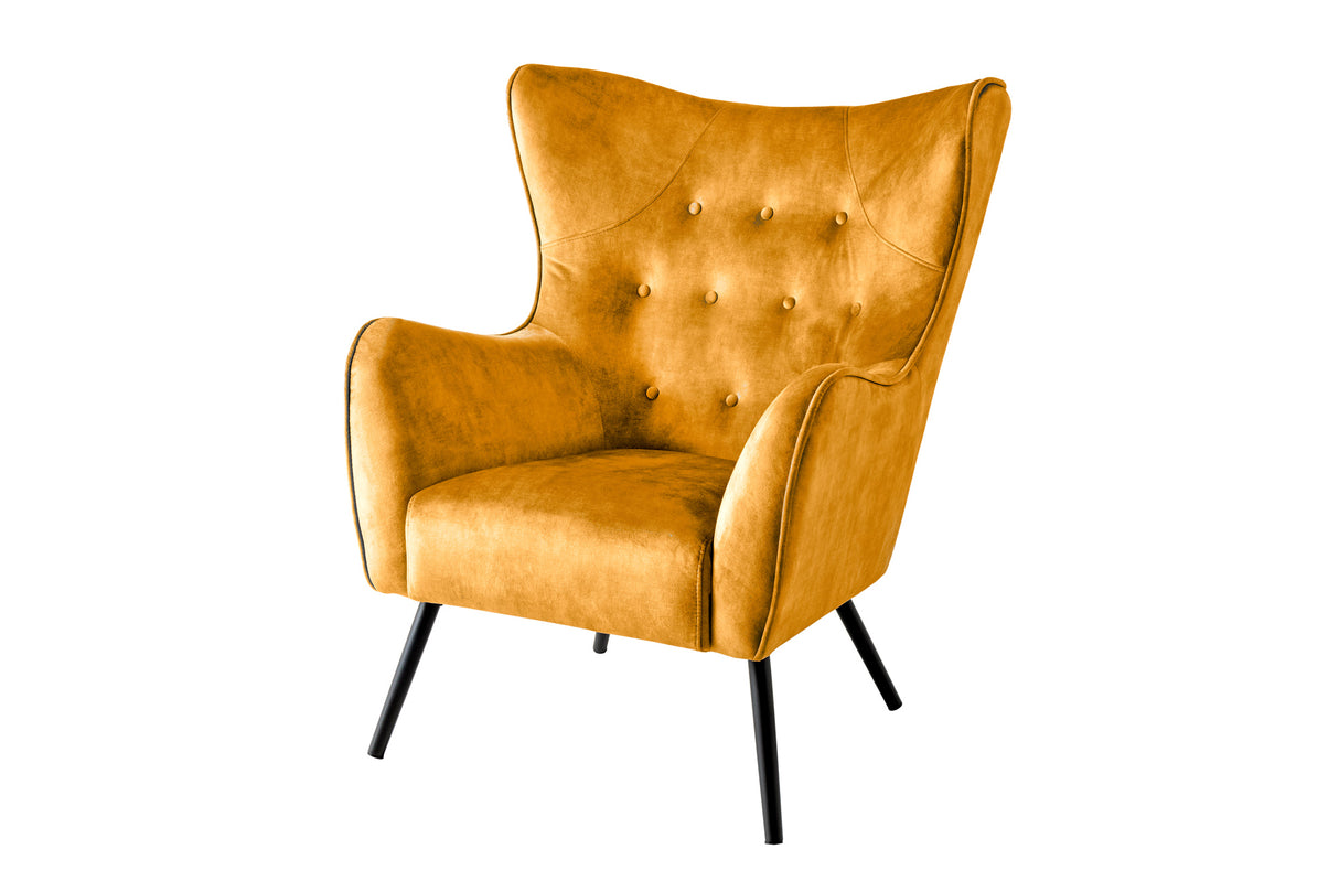 Wing chair AMSTERDAM velvet mustard yellow black metal legs