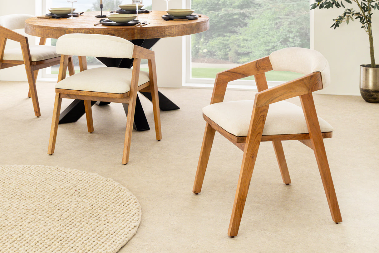 Stuhl MAMMUT, Akazienholz, natur honigfarben, mit flachem, hellgrauem Stoffbezug