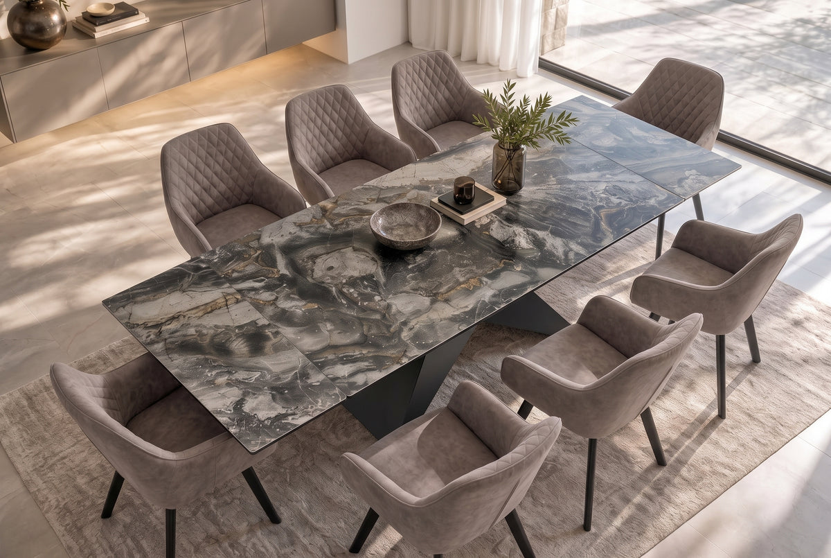 Dining table DIAMOND 180-260cm extendable ceramic taupe w/ geometric black iron base