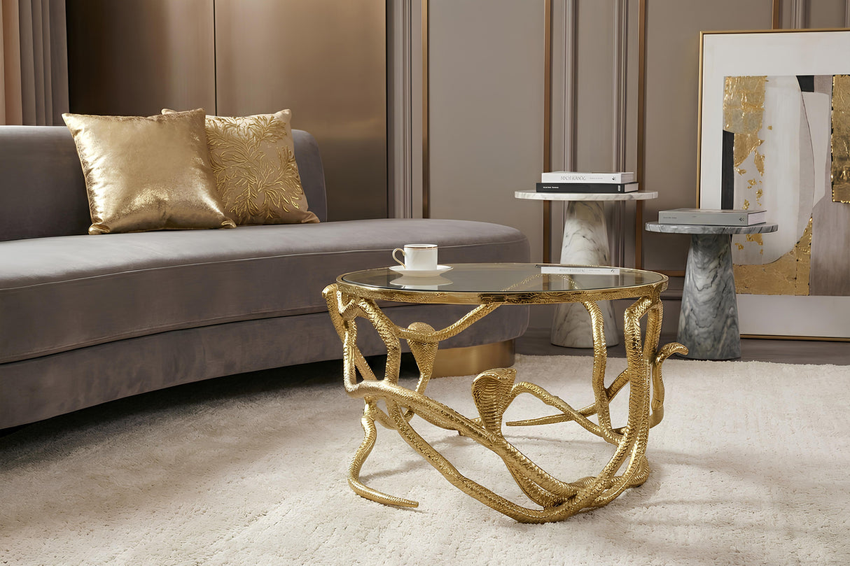 Coffee table SNAKE 70cm gold with glass plate