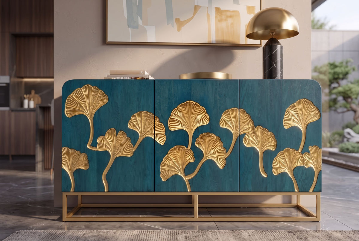 Sideboard GINKGO 160cm ginkgo leaf front mango wood turquoise w/ gold metal frame