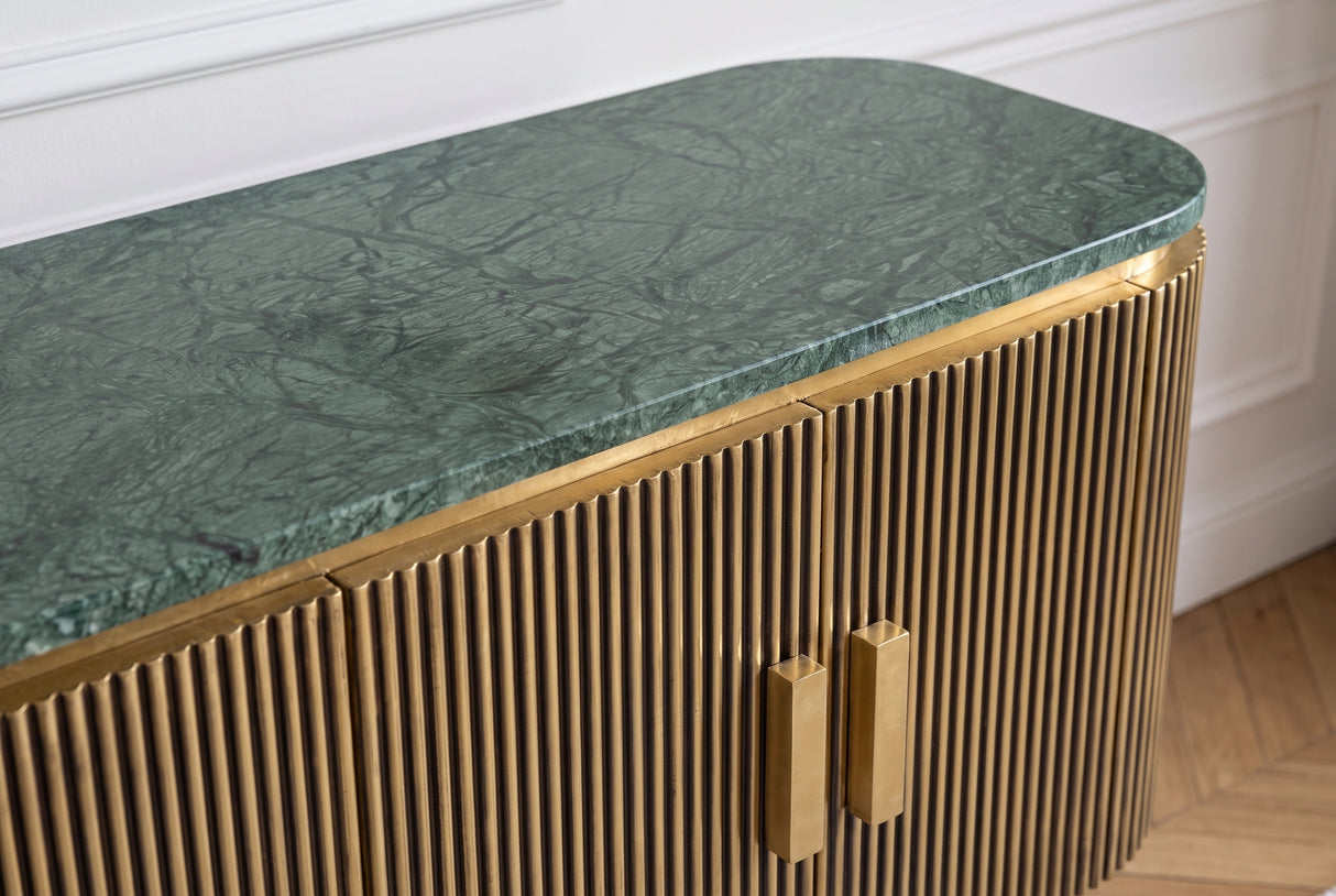 Sideboard VENEZIANO 160cm Mangoholz und Marmorplatte grün Messing