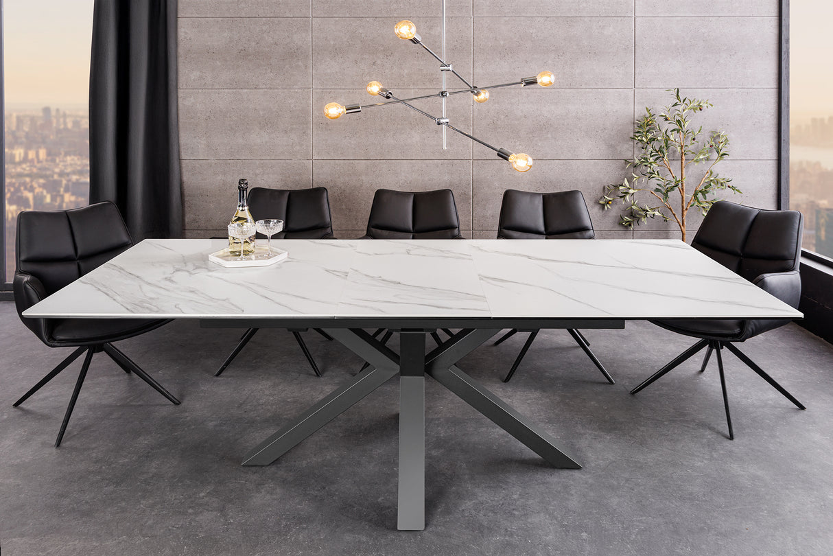 Dining table ETERNITY 160-200cm white marble look ceramic with tempered glass