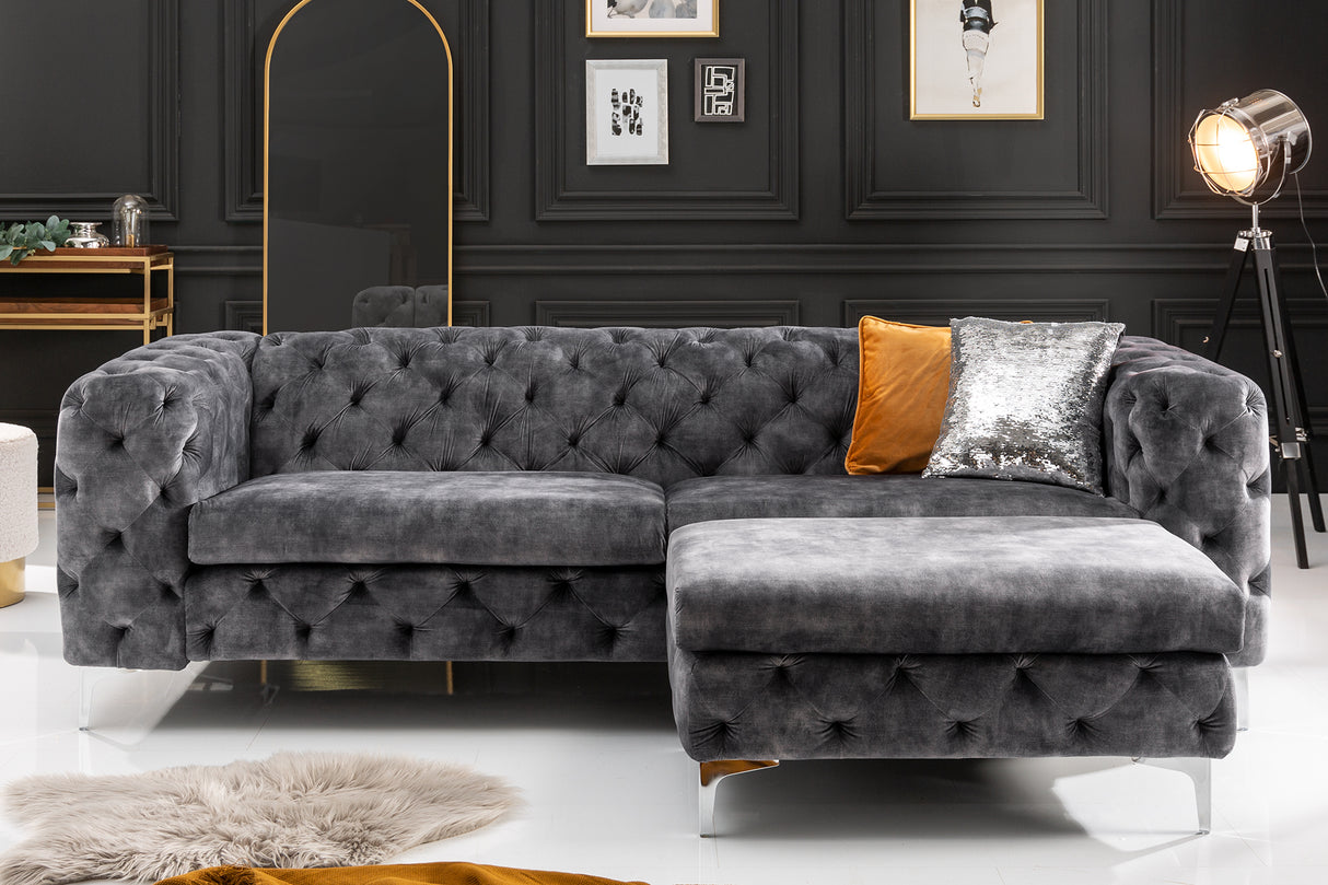 Sofa MODERN BAROCK 240cm 3-seater velvet dark grey Chesterfield look