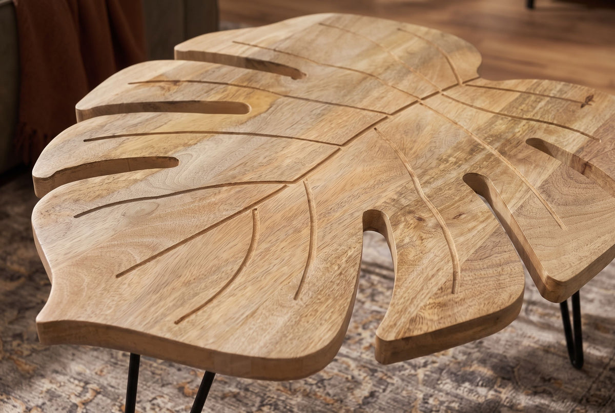 Couchtisch LEAF 75 cm mit Hairpin-Beinen Mangoholz natur