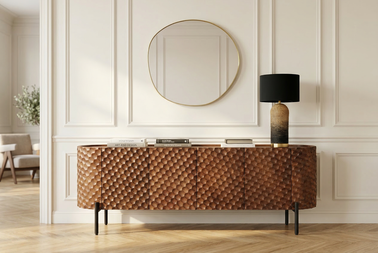 TV-Board ADLON 160cm 3D Mango Massivholz mit schwarzem Gestell