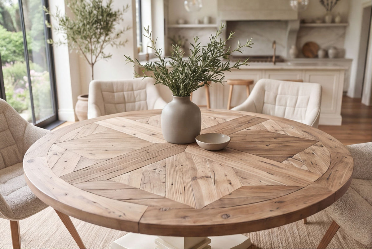 Dining table HAMPTONS 140cm round recycled pine wood light brown creamy