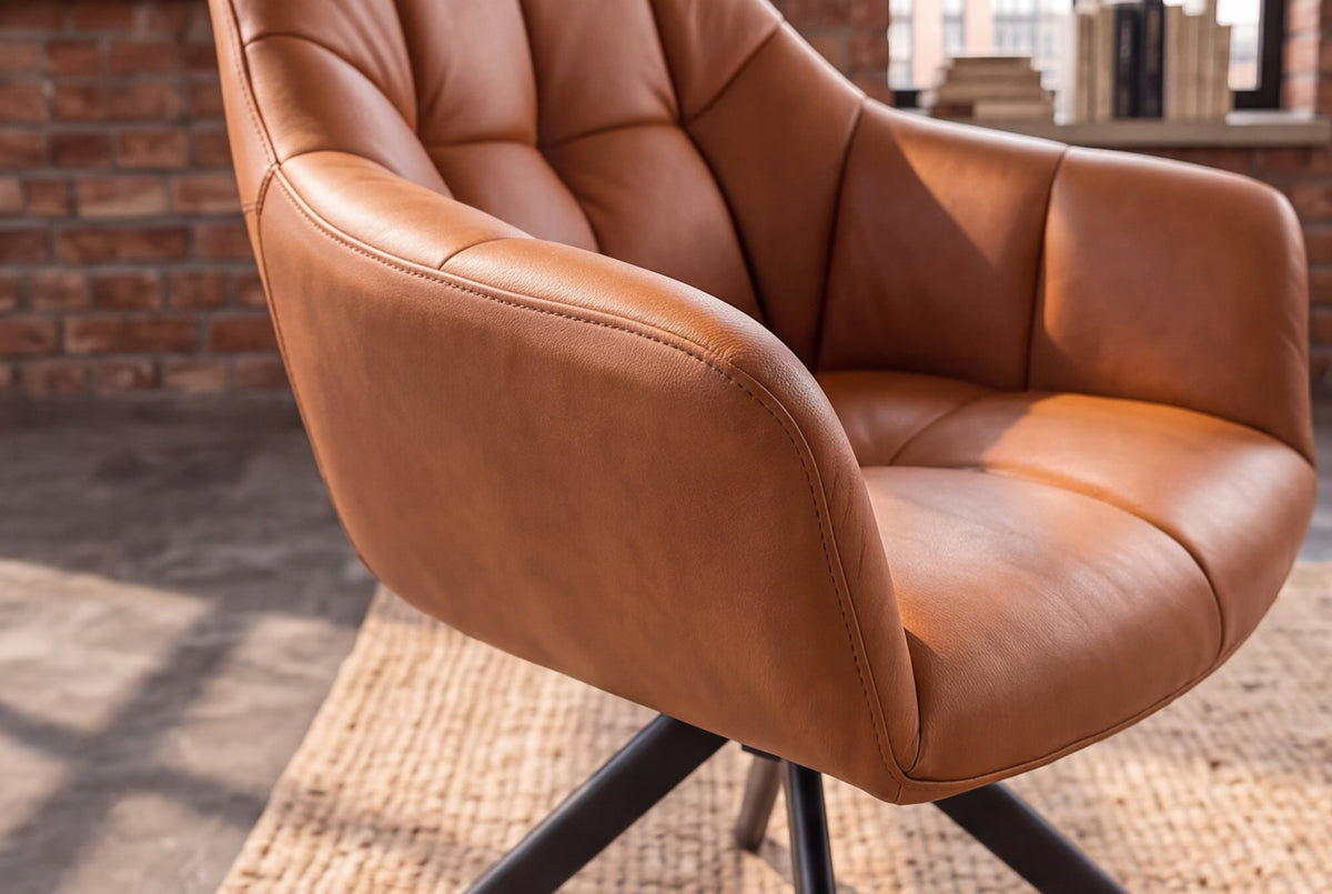Swivel chair PAPILLON 180° rotatable w/ armrests leather cognac