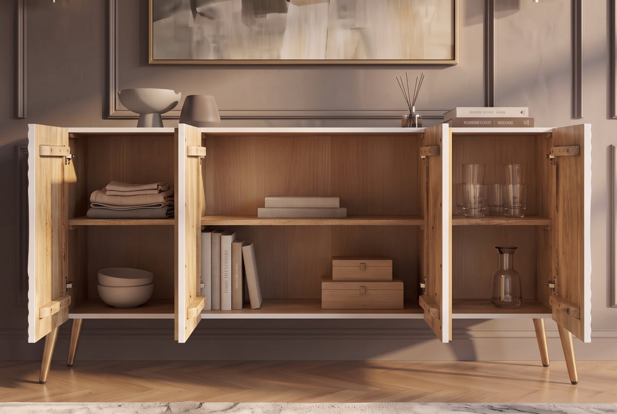 Sideboard AURUM 180cm textured front gold circle accent mango wood white gold metal feet