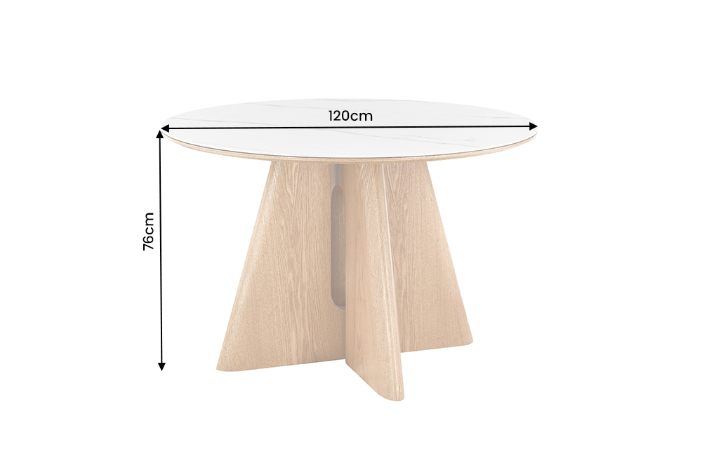 Dining table ORGANIKO 120cm round white marble ceramic top w/ oak wood look frame