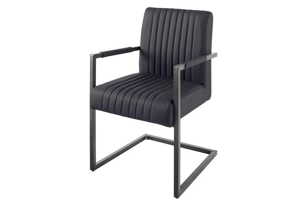Freischwinger Stuhl BIG ASTON mit Armlehnen Federkern schwarz Metallbeine Leder schwarz