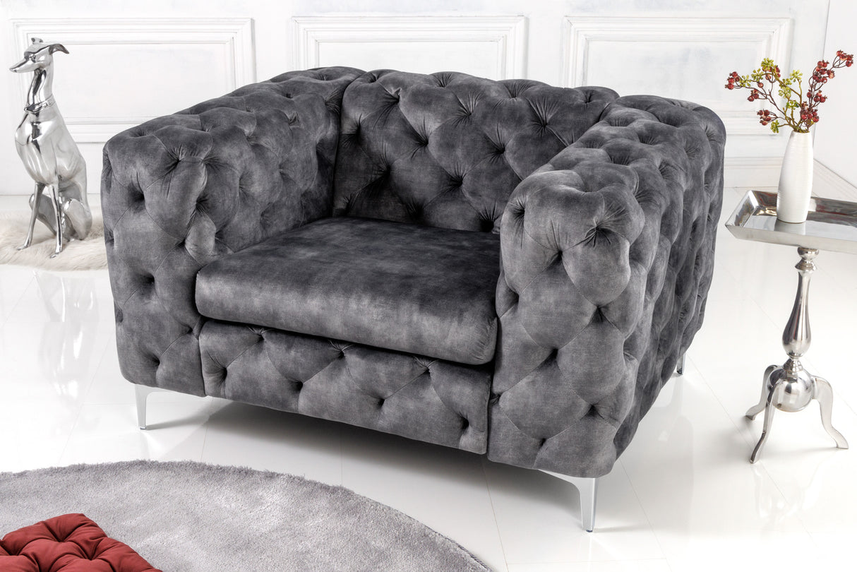Armchair MODERN BAROCK Chesterfield look 120cm velvet grey